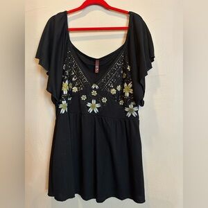 Floral Embroidered Black Top